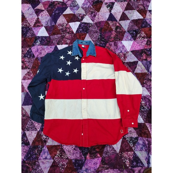 Vintage Tommy Hilfiger American Flag Shirt Men's Large Red Embroidered Stars 90s - Picture 1 of 9